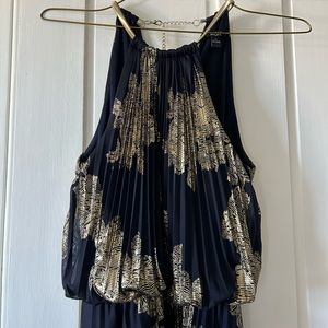 MSK pleated, maxi, Navy and Gold dress with gold accents. Size 4.